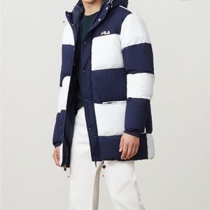 FILA  Navy White Color Block Puffer Jacket Hooded Winter Coat